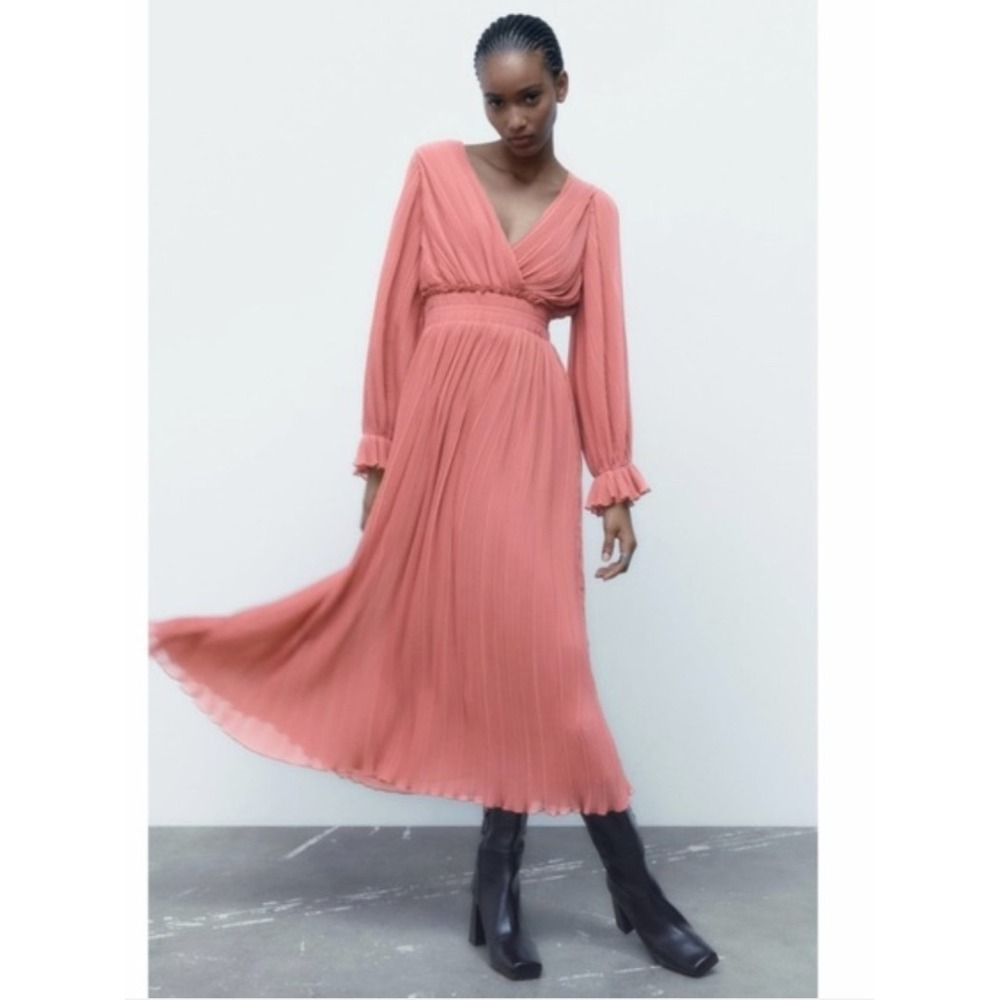 Zara Dusty Pink Pleated Long Sleeve Midi Dress Medium Dressy Romantic Feminine‎